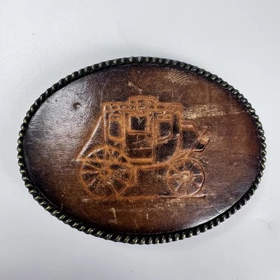 Cinturón de diligencia occidental vintage hebilla cuero mecanizado latón ovalado vaquero Foto 1 de 3