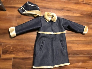 Vintage Girl's Gap Blue Denim Coat & Hat Beige Fur Trim Size 5 Yr - Picture 1 of 12
