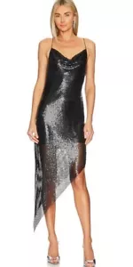 $695 Vestido Alice + Olivia Mujer Negro Seda Cota de Malla Asimétrica Armonía Talla 0 - Imagen 1 de 11