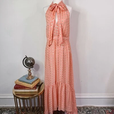 Maxi Vestido ML Monique Lhuillier Punto Metálico Rosa Flor Nuevo con Etiquetas Talla 6 Cuello Atado Foto 1 de 4