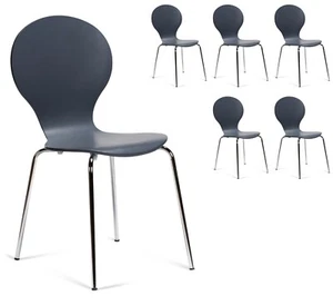 6 x Slate Grey Kimberley Stacking Dining Chairs Chrome Metal & Wood Keeler Style - Picture 1 of 6