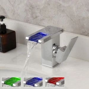 LED Waterfall Bathroom Sink Faucet Set Chrome Single Handle&Hole Mixer Basin Tap - Picture 1 of 9