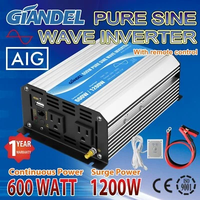 GIANDEL Power Inverter Pure Sine Wave 600W 12V to 110V-120V USA Transistor 4.5m Remote