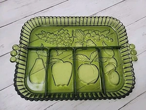 Vintage Fruits Green Embossed 5 Part Divided Relish Tray Platter Indiana Glass - Picture 1 of 4