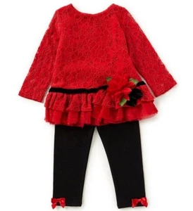 Rare Editions Baby Girl's Red Floral Lace Tunic & Black Legging Fanciful Set-24M - Picture 1 of 3