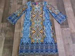 Sunny Leigh dress Medium Paisley Sexy Blue Gold Keyhole Round Neck - Picture 1 of 14
