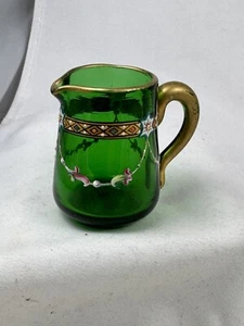 Art Glass Moser Hand Painted Enamel Green Miniature Pitcher Jug Creamer Mini - Picture 1 of 9