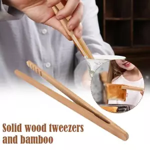 Bamboo Wood Wooden Food Toast Tongs Toaster Bread Sugar Tea Tong Ice Salad - Picture 1 of 13