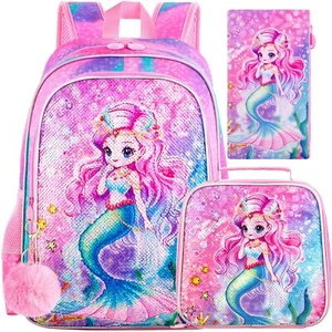3PCS 16" Girls Sequin Backpack with Lunch Box School Bag Elementary Toddler - Picture 1 of 6