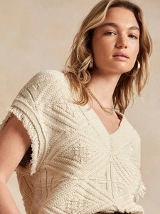 Suéter pequeño Banana Republic para mujer de algodón orgánico tejido con flecos Heritage XS/S - Imagen 1 de 7