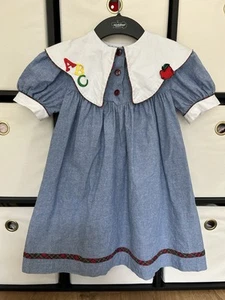 Vintage Bonnie Jean 1970s 6X School Apple ABC Blue Plaid Collared Dress Button - Picture 1 of 11