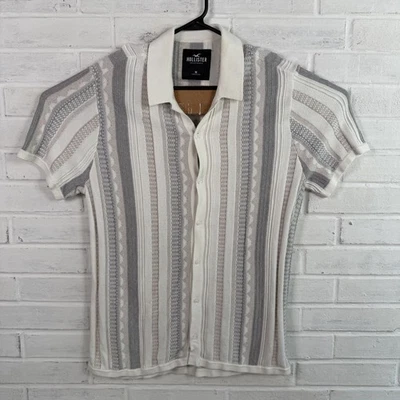 Hollister Short Sleeve Knit Button Up Shirt Men Medium Cuban Cream Polo - Image 1 of 4