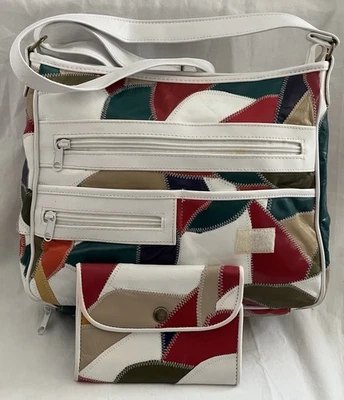 Vintage 80s Patchwork Handbag Purse Wallet Set 2 PC Red Brown White Faux Leather - Image 1 of 4
