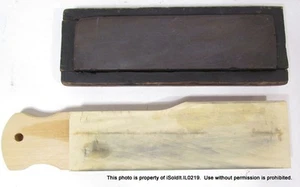 BLACK ANTIQUE WHETSTONE FOR KNIFE SHARPENING + WOOD LEATHER STROP & ABRASIVE - Picture 1 of 5