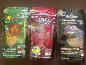 3 pcs Okiko flowerhorn food Cichlid Head Huncher Astaxanthin Color Faster M 100g - Picture 1 of 7