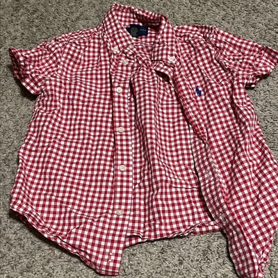 Ralph Lauren 男孩红色和白色短袖棉质格子纽扣衬衫 5 码 — 第 1/4 张图片