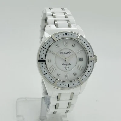 Bulova Marine Star Womens Diamond White Steel 36mm Ceramic Sapphire Watch 98P172 - Image 1 of 4