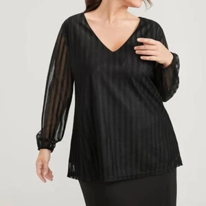 Bloomchic Top Womens 10 Medium Black V Neck Long Sleeve casual Mesh lined Blouse - Picture 1 of 16
