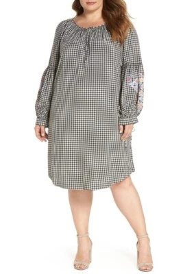 Vestido recto manga abullonada a cuadros blanco y negro CASLON L124314 talla grande 1 X Foto 1 de 2