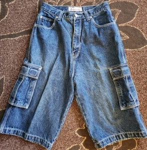 Foot Locker VTG Youth Baggy Skater Cargo Denim Belted Shorts SZ 18-20/ 29 - Picture 1 of 6