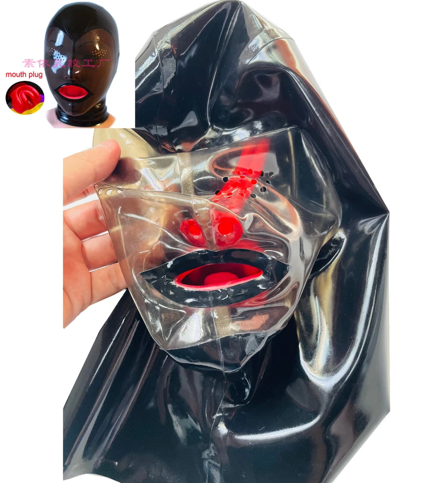 Latex mask transparent black & black mesh eyes 15cm long nose tube red teeth - Image 1 of 4