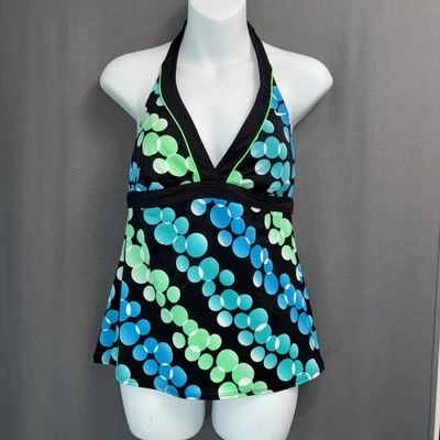 Camiseta de natación Nike Halter Tankini talla 10 verde azul negro burbujas lunares moldeada Foto 1 de 4