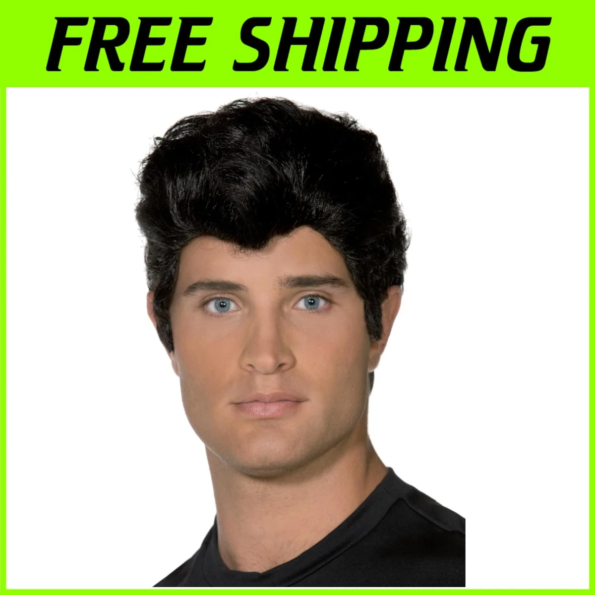 Black Wig Men Mens 50s Quiff King Wig Black Danny T Birds 50's Grease Wigs  With Sideburns Grease Costume Men, image size:1200x1200