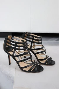 JIMMY CHOO BLACK LEATHER CAGED SANDALS HEELS 35 - Picture 1 of 12