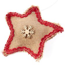 Group of 6 Tan Natural Burlap Star 7" Ornaments with Wooden Snowflake
