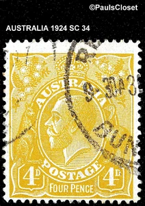 AUSTRALIA 1924 SC 34 KING GEORGE 4p OLIVE BISTER USED NO GUM WM 9 VERY FINE - Picture 1 of 2