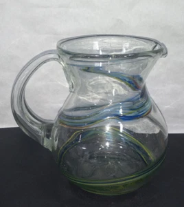 Hand Blown Margarita Pitcher Blue & Yellow Swirl Handmade Jug - 8" - Picture 1 of 8