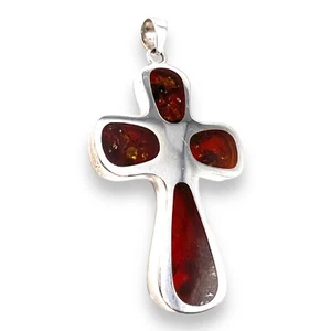 Vintage 925 Baltic Amber Cross Sterling Silver Pendant 23g 2.7" - Picture 1 of 15