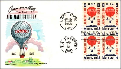 Scott C54 - 7 Cents Airmail Balloon Fluegel FDC Unaddressed Block Planty C54-9 - Image 1 of 2