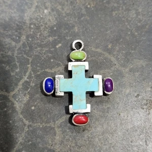 CRUZ TURQUESA PLATA ESTERLINA 925 CON CABUJONES DE COLORES MIXTOS - Imagen 1 de 4