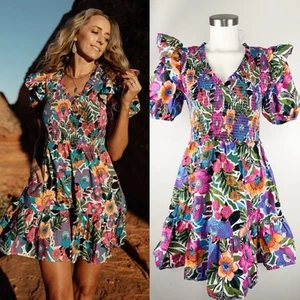 Baltic Born Kyrie Puffärmel kurzes Kleid Damen L bunt gesmokt Rüschen - Bild 1 von 8