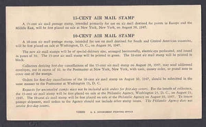 1947 P.O. ANNOUNCES NEW STAMPS 10c, 15c & AIRMAIL STAMPS #C34 & C35 - Picture 1 of 1