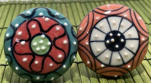 Ceramic Drawer Knob Pull 1.75" Mismatched Flowers Orange Black Red Blue Set of 2 - Picture 1 of 5