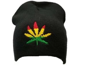 Rastafari Weeds Leaf Beanie Skully Cap Ski Hat Rasta Pot Logo Black Green Yellow - Picture 1 of 3