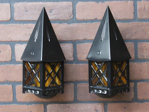 Vintage Antique Pair Porch Light Sconces LINCOLN 10 1/4" Tall Mission Craftsman Cover
