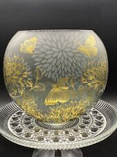 Stunning Round Frosted Glass Vase Bowl With Gold Overlay Butterflies & Flowers