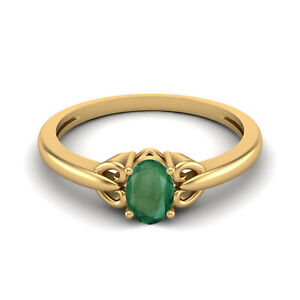 10k Yellow Gold 6x4MM Oval Shape Emerald Gemstone Solitaire Women Promise Ring