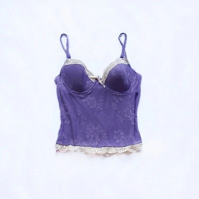 Donna Loren Y2k Floral Mesh Purple Pink Lace Trim Bustier Cami Top 34B - Image 1 of 4