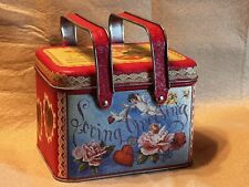VTG Valentine’s Day Metal Tin Double Handle 1980s Cupid Heart Victorian Rose