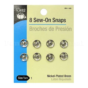 New 8 Sew-On Snaps(Brouches de presión) by Dritz Size 1, Nickel-Plated Brass - Picture 1 of 2