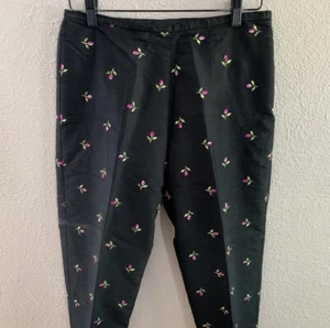 Vintage Karen Kane silk Pants Women’s Size 8 Black pink embroidered tulips - Picture 1 of 8