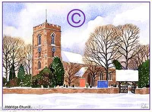 ALDRIDGE CHURCH SNOWSCENE WEST MIDS WATERCOLOUR ARTISTS PRINT ART CARD 8"x 6" - Picture 1 of 1