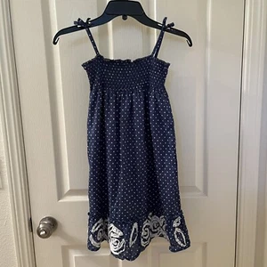 Mini Boden Blue White Polka Dot Smocked Summer Dress Bow Strap Girls Size 5-6 - Picture 1 of 19