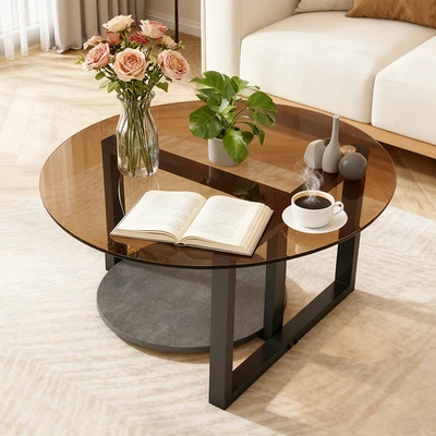 Round Accent Coffee Table Rustic Simple Living Room Tea Table Dec w/ Metla Frame - image 1 of 4