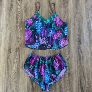 Vintage Federbett Blumen transparent 2tlg Dessous Set Schlafanzug Gr. L lila grün - Bild 1 von 7