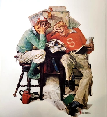 Impresión de libro a doble cara Cramming Students Norman Rockwell vintage 1990 Foto 1 de 4